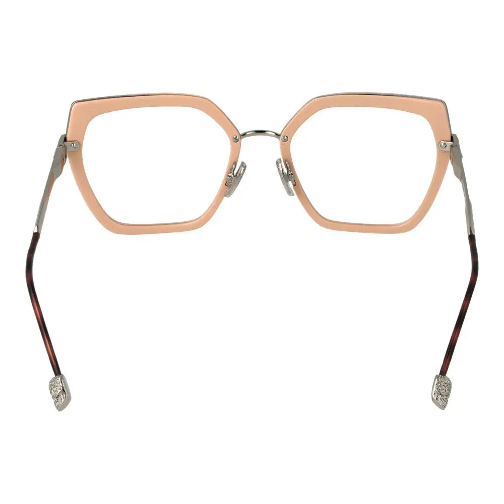 Lunettes philipp plein en métal rose et plastique avec monture hexagonale beige et branches écaille ornées de cristaux