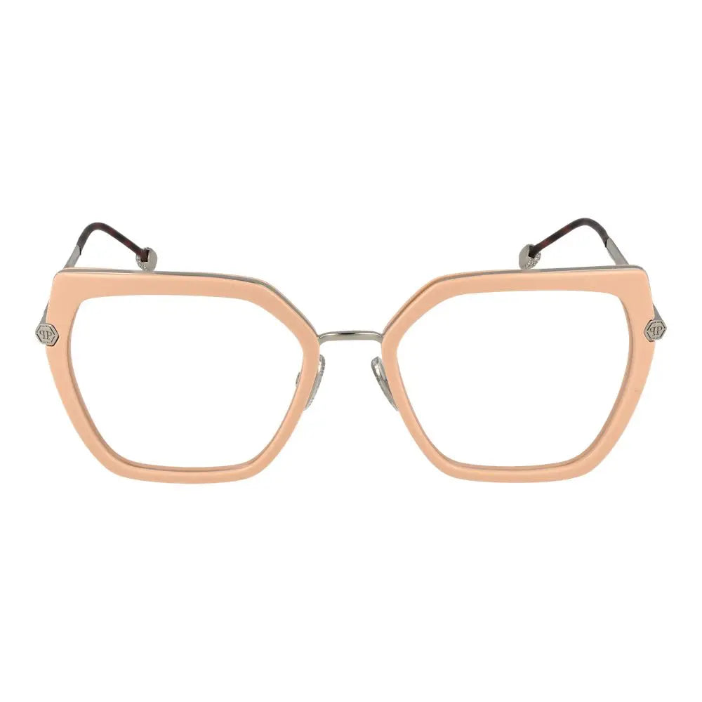 Lunettes philipp plein en métal rose et plastique avec monture en acétate pêche pastel et logos hexagonaux argentés
