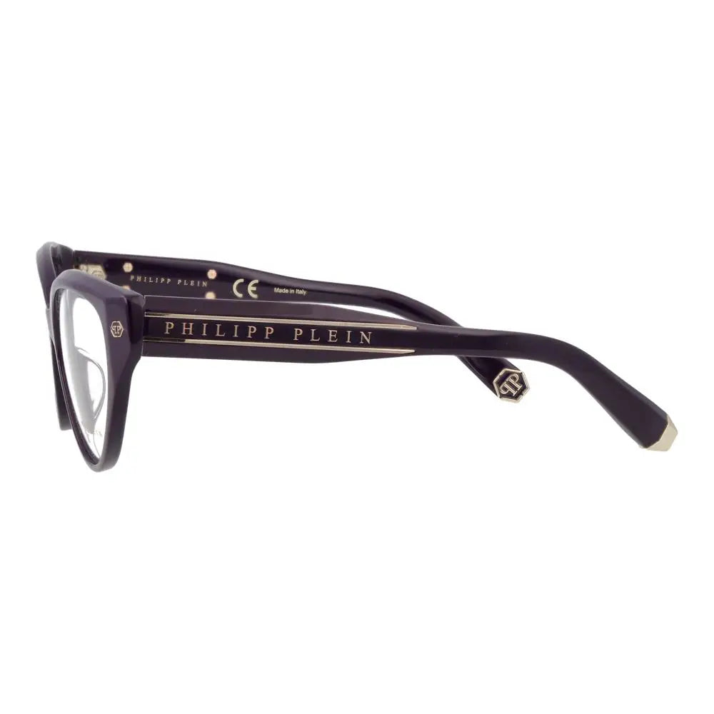 Lunettes philipp plein en acétate violet foncé avec détails de marque et logo dorés sur la monture