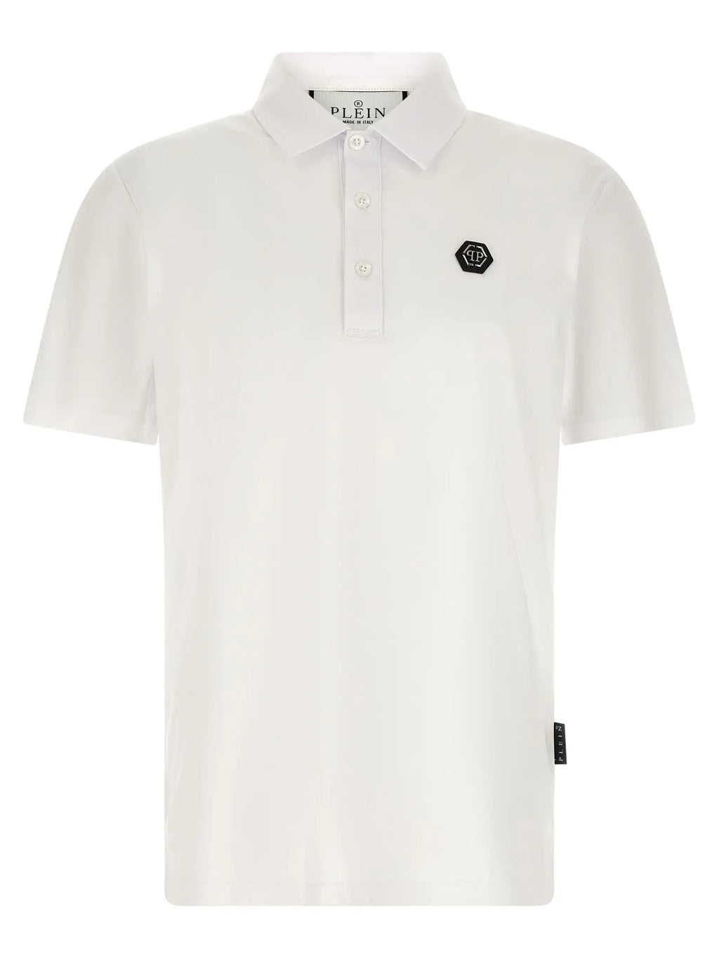 Polo blanc en coton philipp plein à manches courtes avec logo hexagonal noir sur la poitrine et branding au col