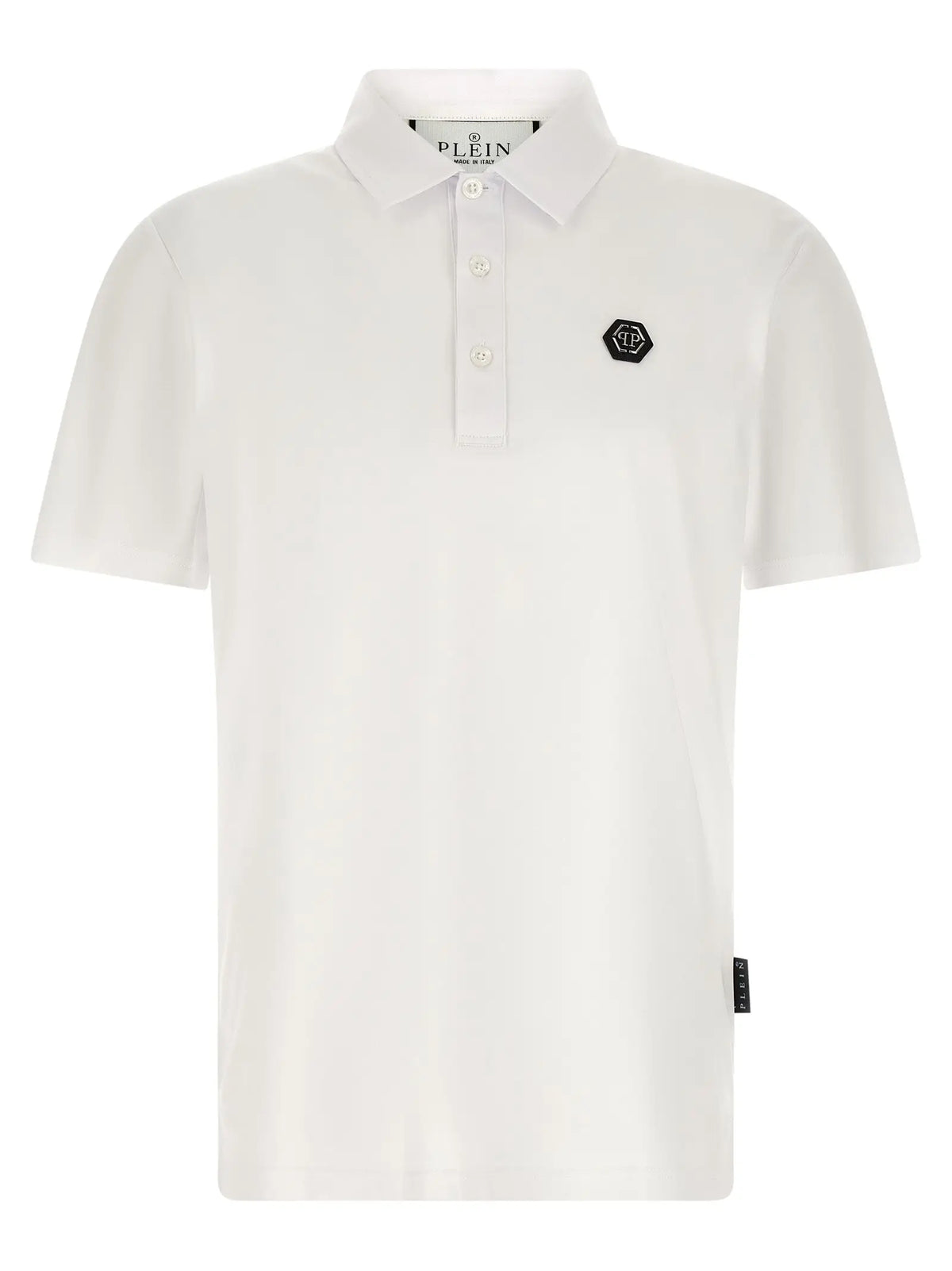 Polo blanc en coton philipp plein à manches courtes avec logo hexagonal noir sur la poitrine et branding au col