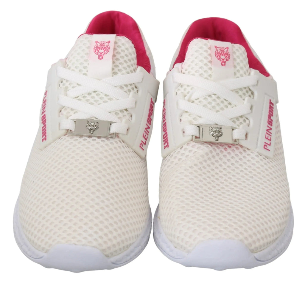 Sneakers philipp plein blanc en polyester avec mesh blanc, accents roses et logo tigre détaillé