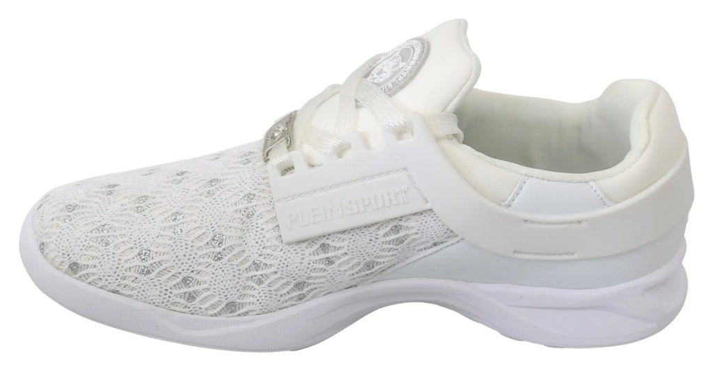 Sneakers casual philipp plein blanches en polyester avec dessus en mesh texturé et détails de marque argentés