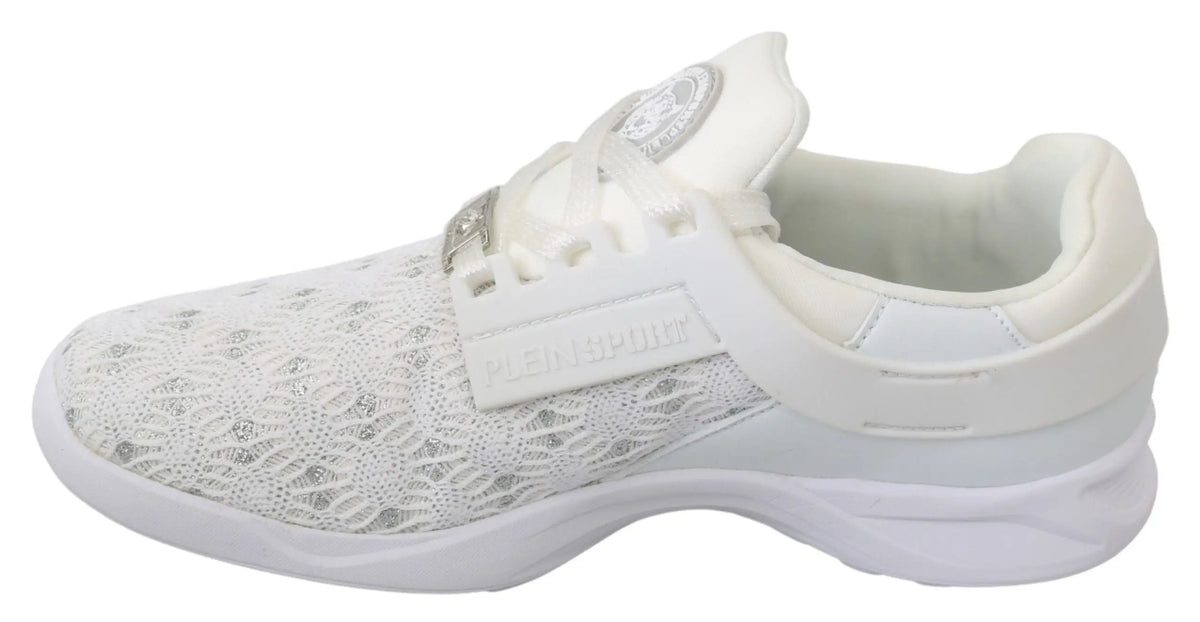 Sneakers casual philipp plein blanches en polyester avec dessus en mesh texturé et détails de marque argentés