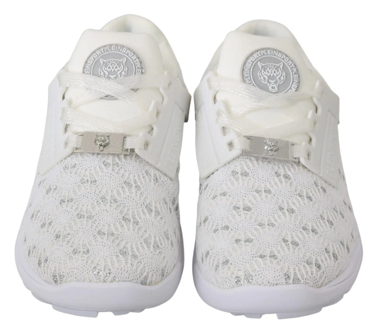 Baskets blanches philipp plein en polyester avec dessus en mesh texturé et logo tigre argenté sur languette et lacet