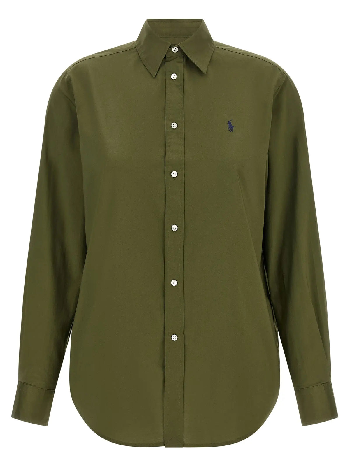 Olive green long-sleeved cotton blouse with classic collar and embroidered polo ralph lauren logo on left chest