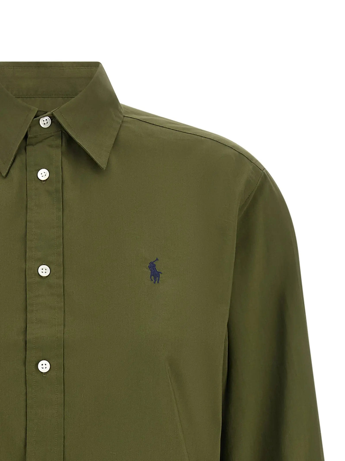 Chemise boutonnée olive en coton avec logo polo ralph lauren bleu marine brodé sur la poitrine