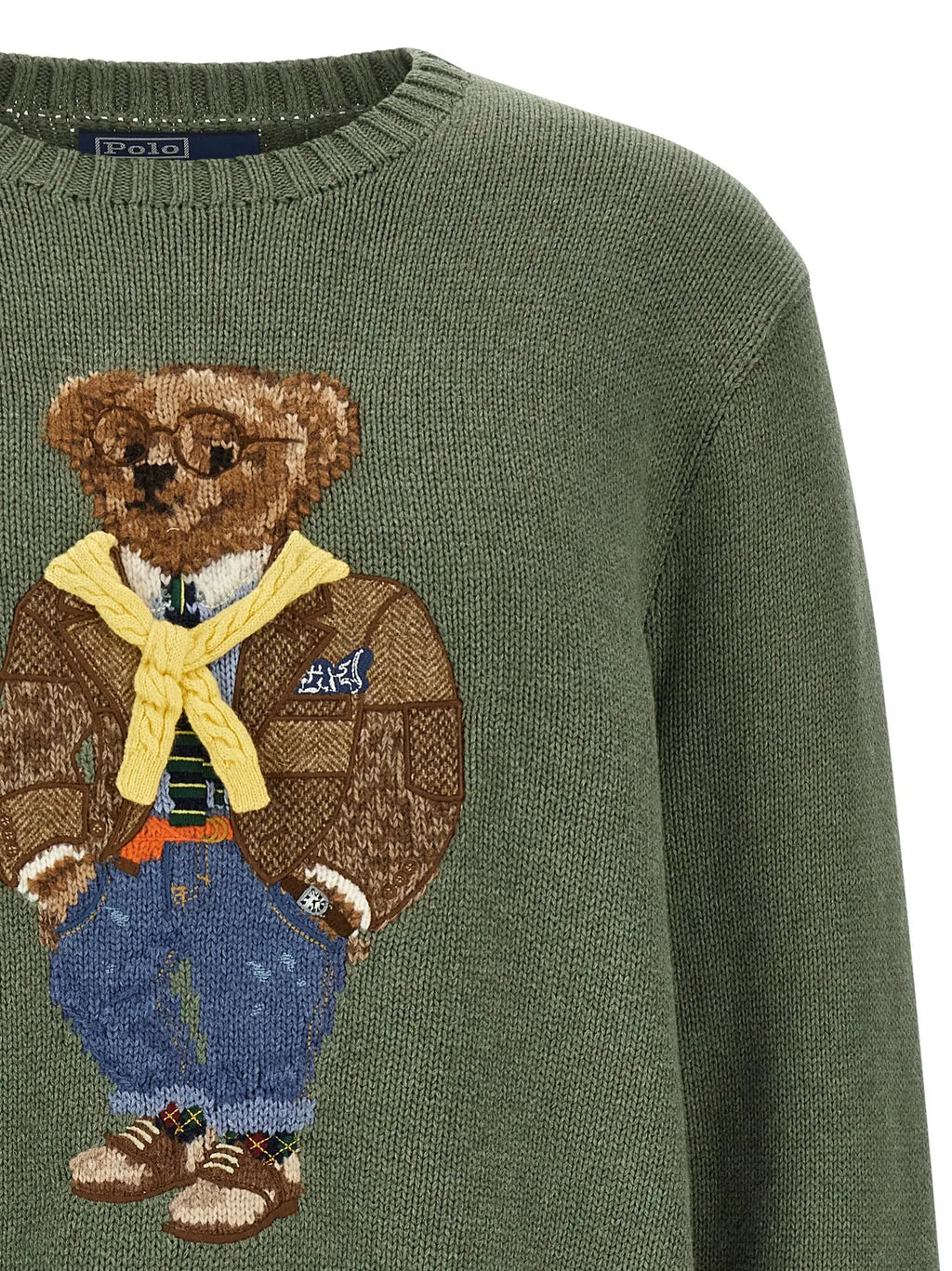 Cardigan bicolor en coton olive avec broderie dours en veste marron écharpe jaune et jean bleu polo ralph lauren