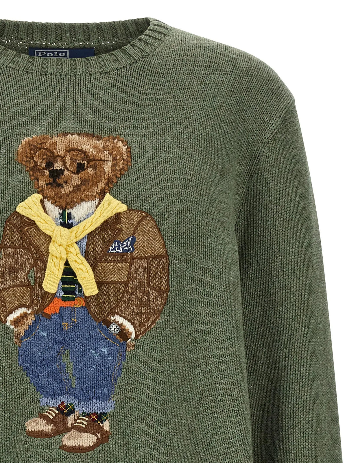 Cardigan bicolor en coton olive avec broderie dours en veste marron écharpe jaune et jean bleu polo ralph lauren