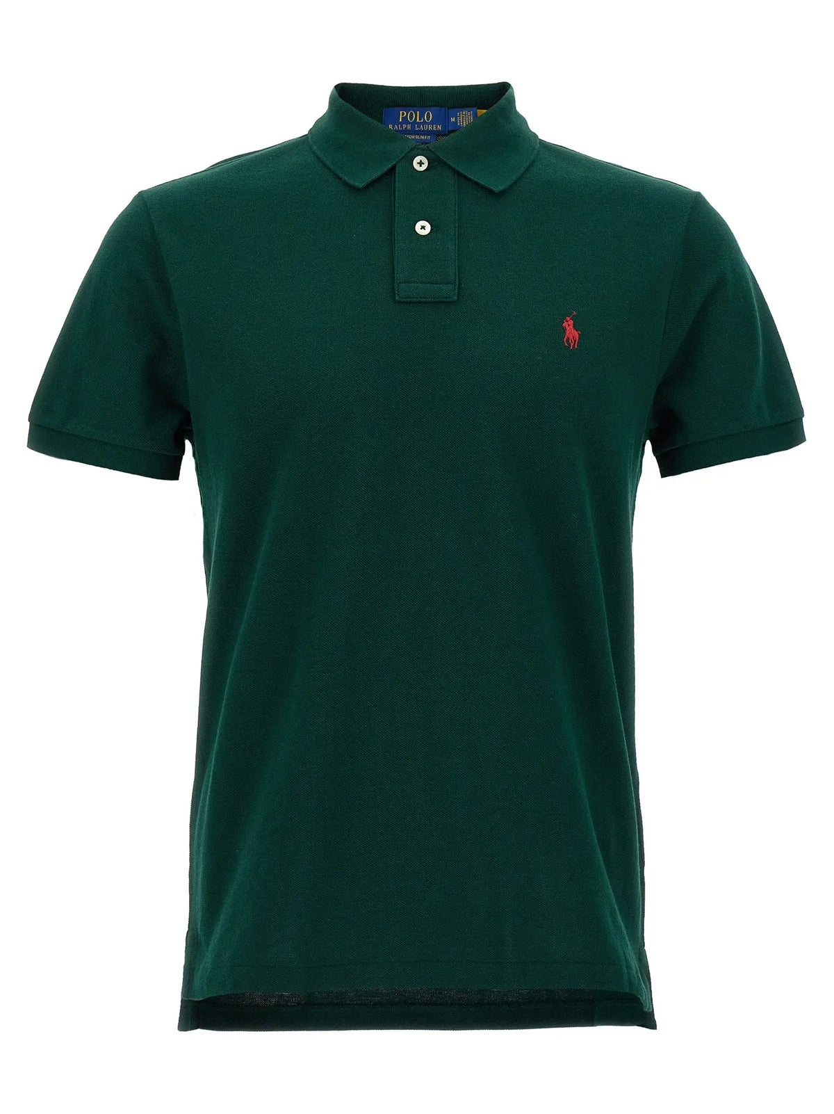 Polo ralph lauren polo bicolore en coton vert foncé avec logo cheval rouge brodé et boutons blancs