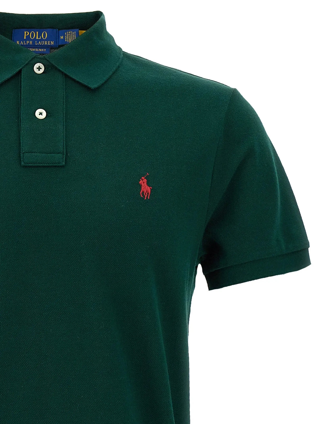 Polo ralph lauren bicolor coton vert foncé avec logo cheval rouge brodé et boutons blancs sur la poitrine
