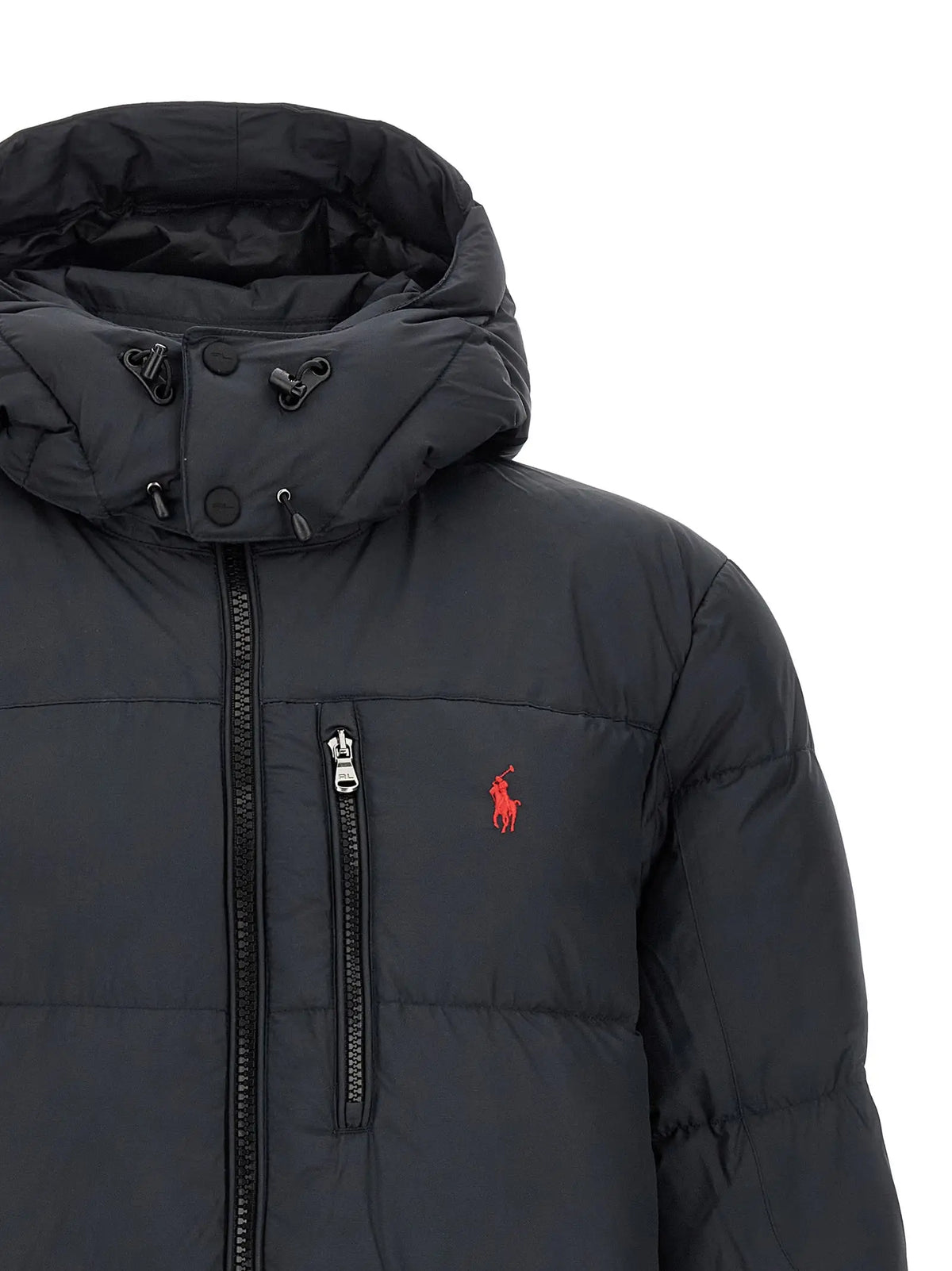 Veste noire en polyester polo ralph lauren pleine longueur avec logo rouge brodé sur la poitrine