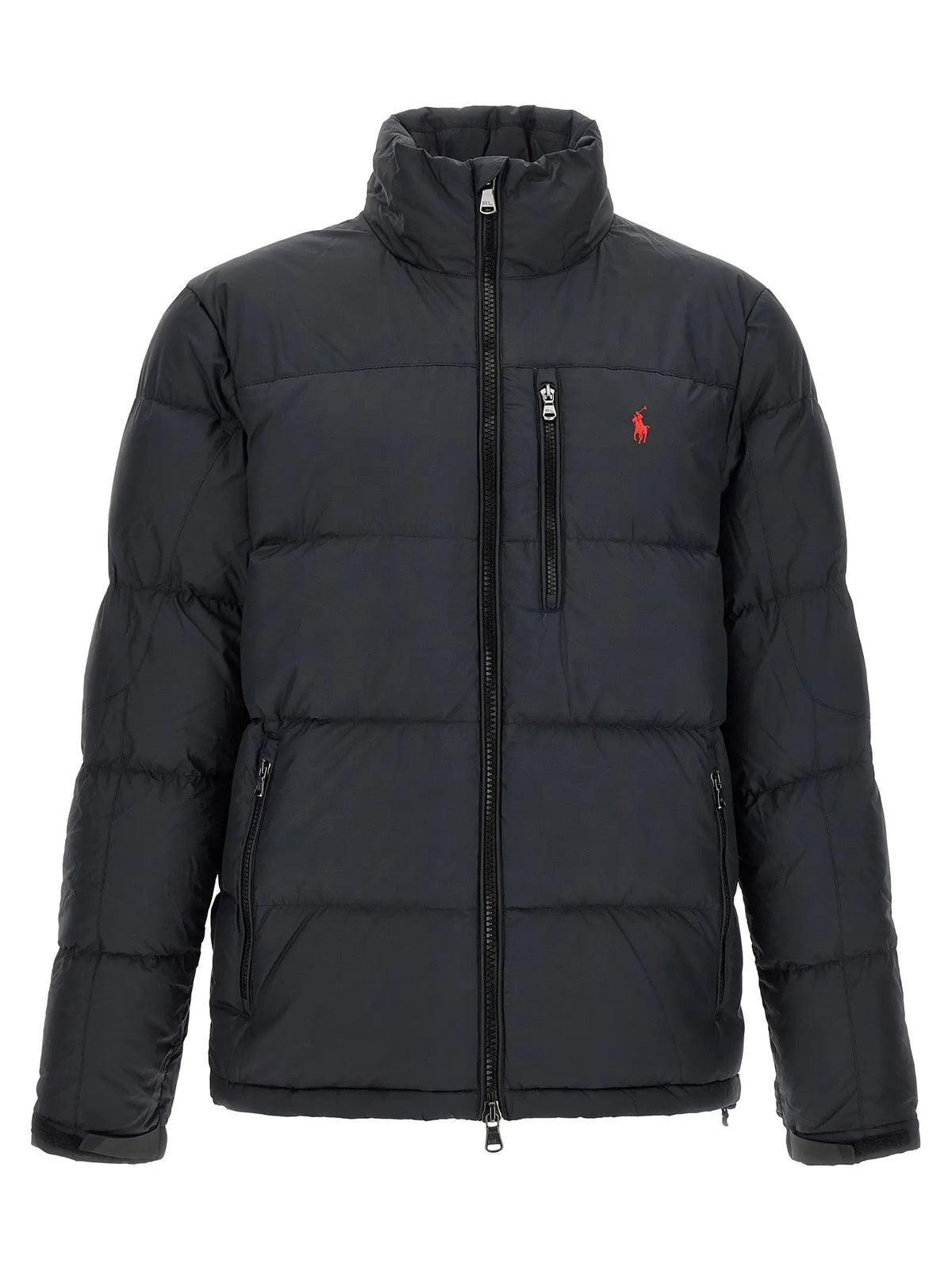Veste longue noire en polyester polo ralph lauren avec col montant, motif matelassé et logo rouge brodé poitrine gauche