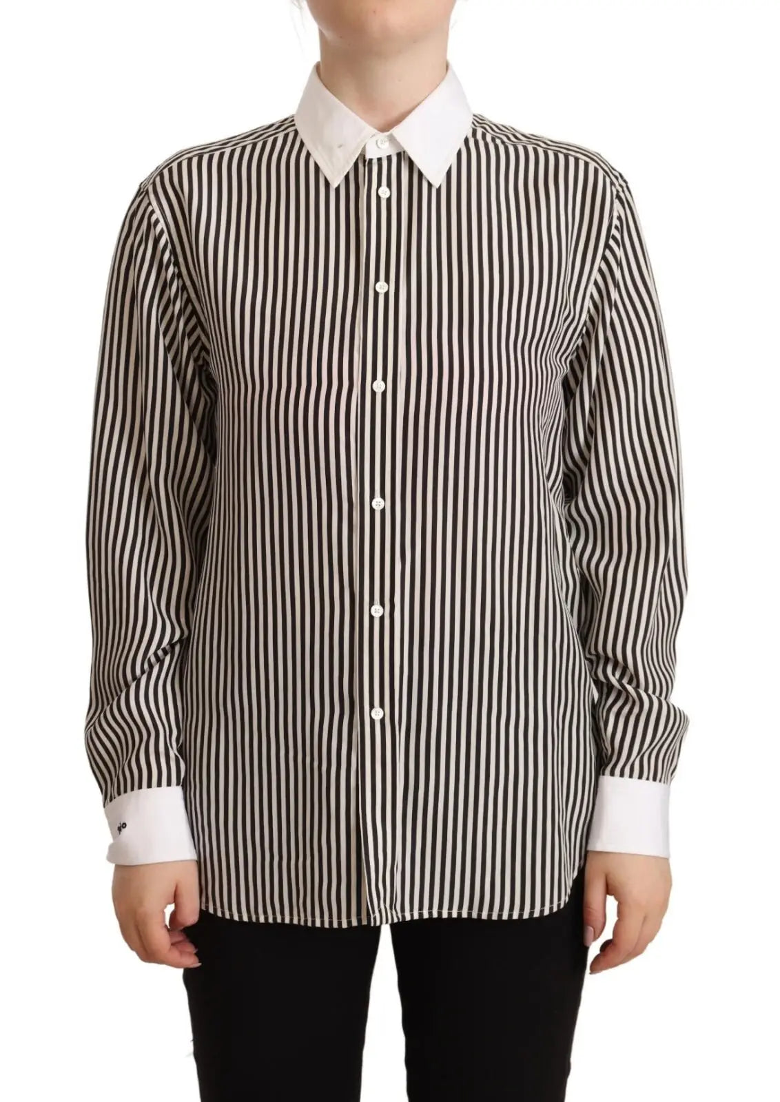 Polo ralph lauren chemise rayée noire et blanche manches longues avec col et poignets blancs en coton classique