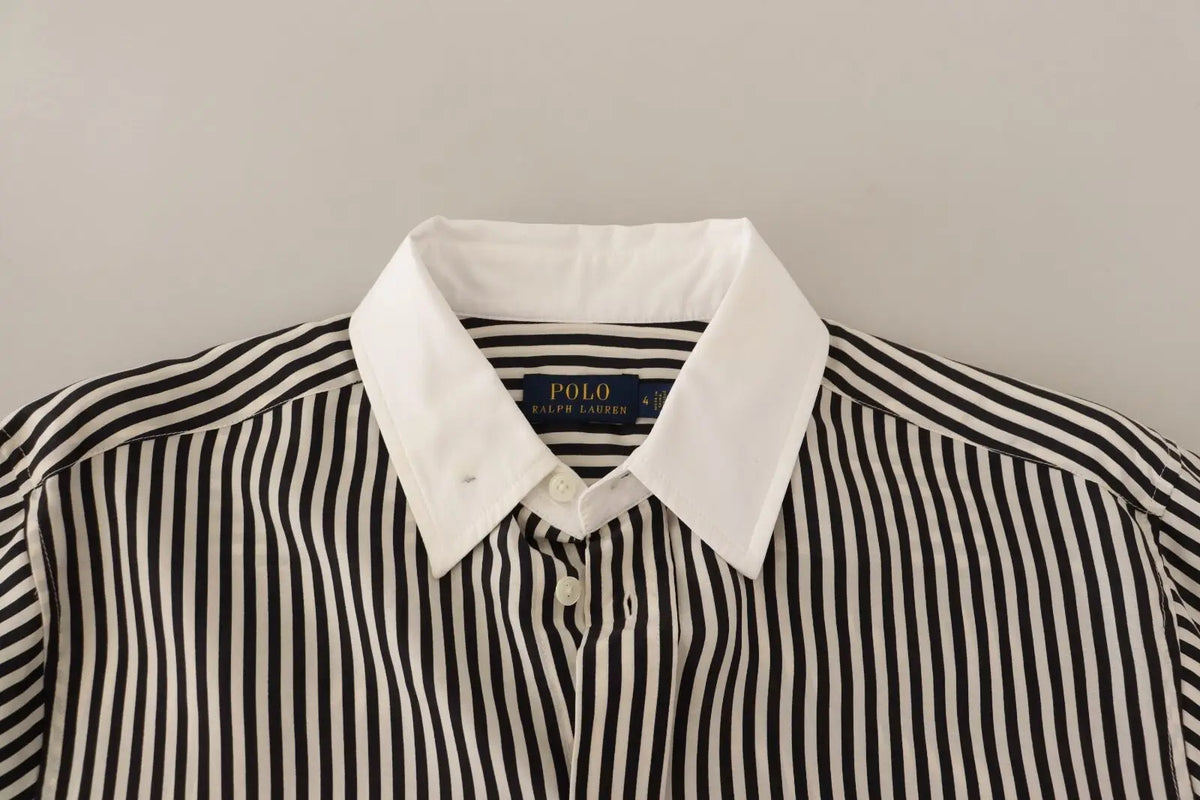 Polo ralph lauren chemise à manches longues rayée noir blanc avec col blanc croquant en tissu classique