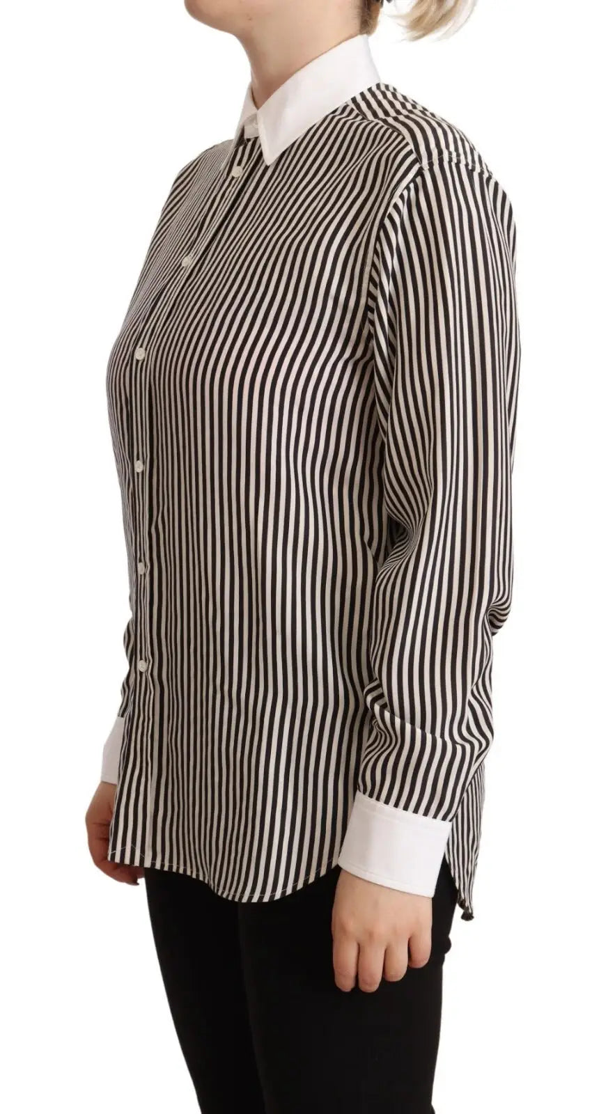 Blouse boutonnée polo ralph lauren noire et blanche à rayures verticales avec col et poignets blancs nets