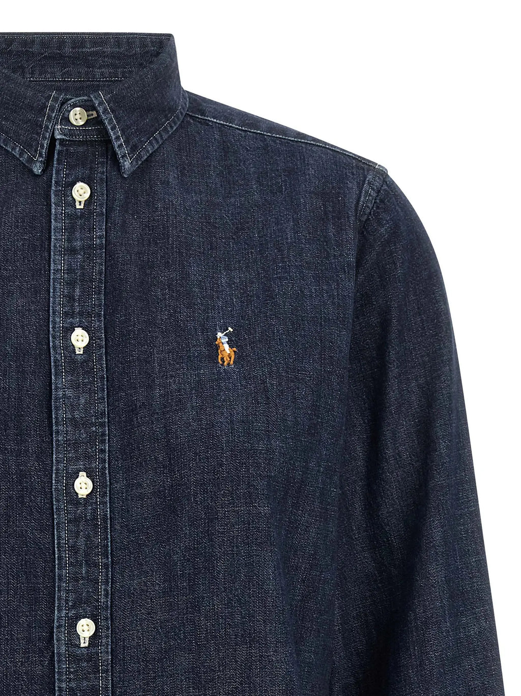 Chemise bleu foncé en denim coton polo ralph lauren avec petit logo brodé d joueur de polo sur la poitrine