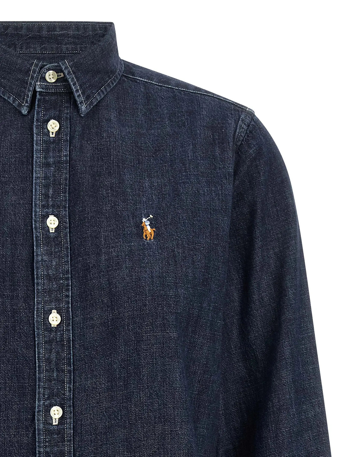 Chemise bleu foncé en denim coton polo ralph lauren avec petit logo brodé d joueur de polo sur la poitrine