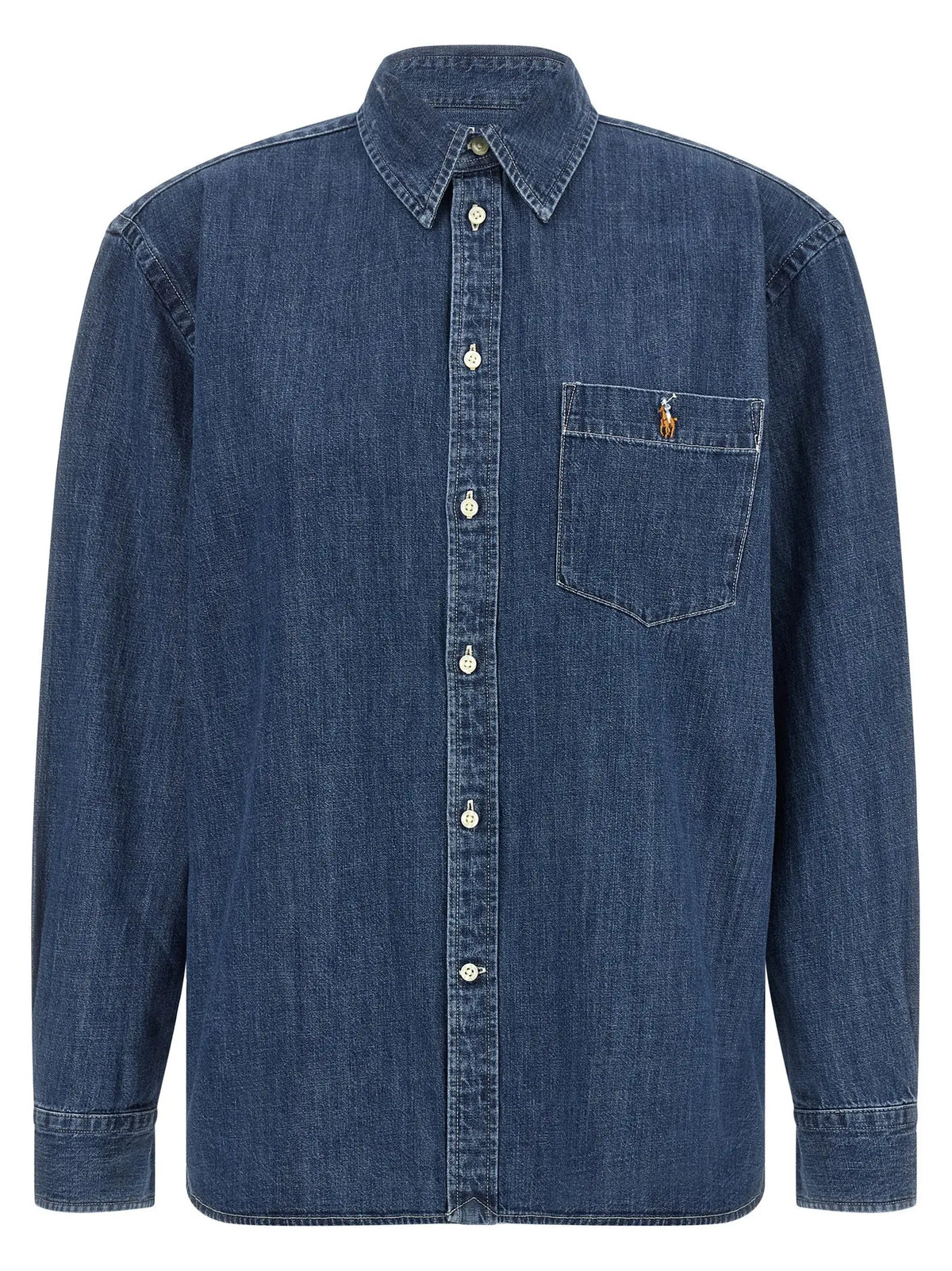 Chemise en jean polo ralph lauren bleu coton avec col classique boutons blancs et logo joueur de polo brodé sur la poche poitrine
