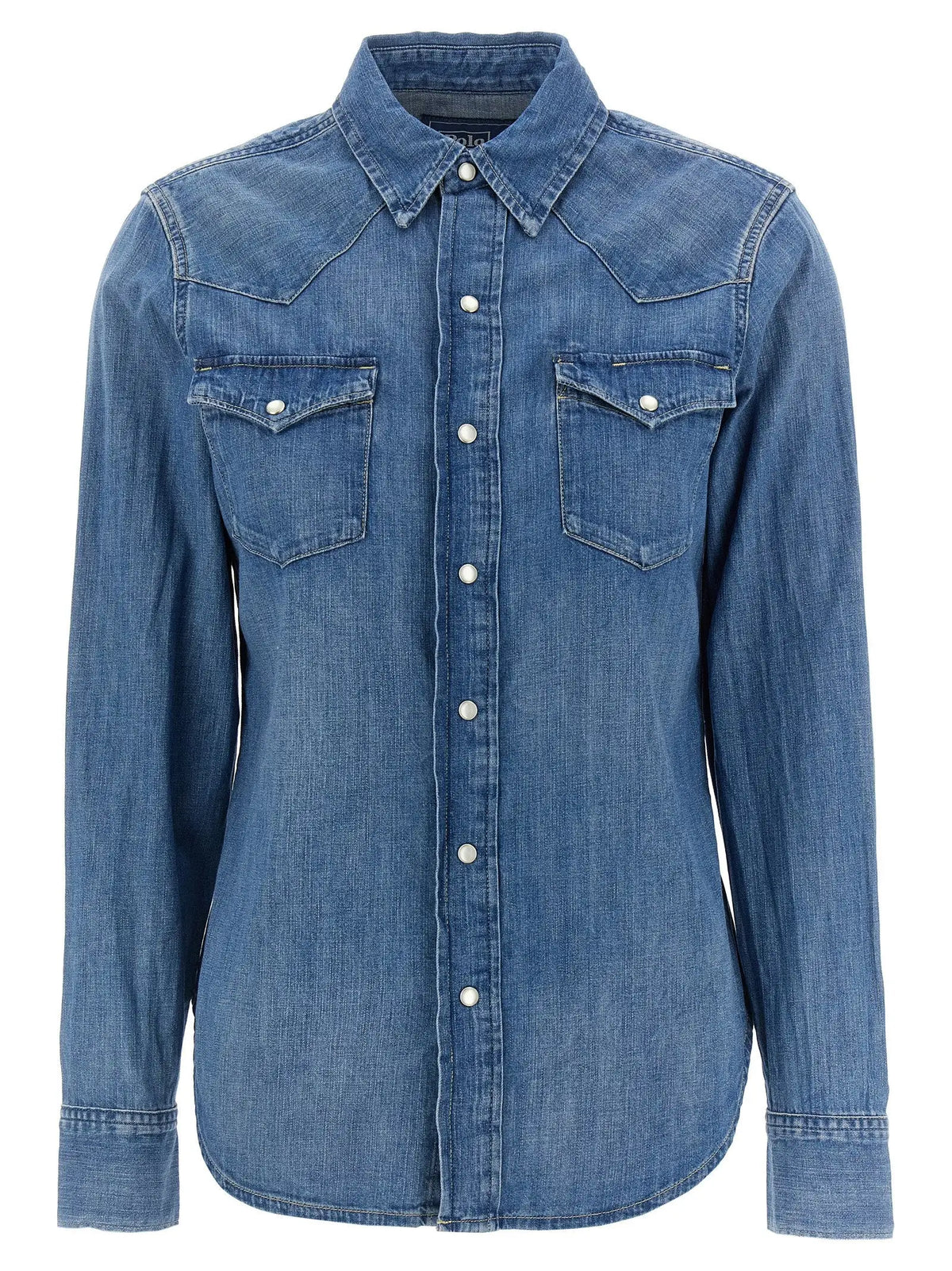 Chemise western bleu en denim coton avec boutons blancs et deux poches poitrine polo ralph lauren