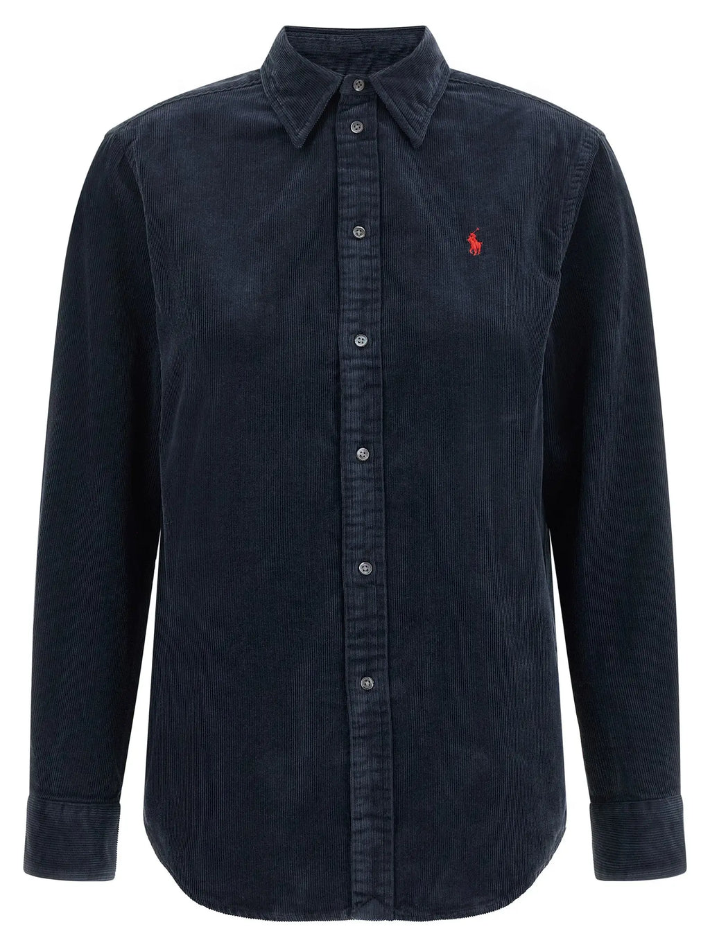 Chemise boutonnée en velours côtelé bleu marine avec logo joueur de polo rouge brodé ralph lauren en coton
