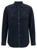Chemise boutonnée en velours côtelé bleu marine avec logo joueur de polo rouge brodé ralph lauren en coton