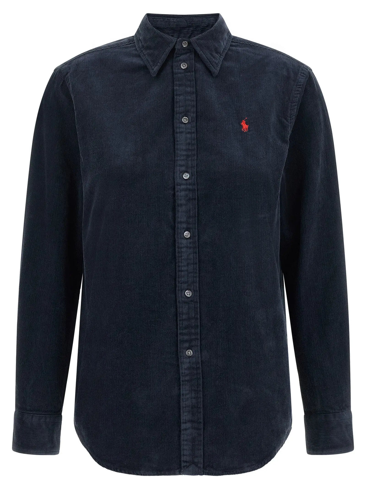 Chemise boutonnée en velours côtelé bleu marine avec logo joueur de polo rouge brodé ralph lauren en coton