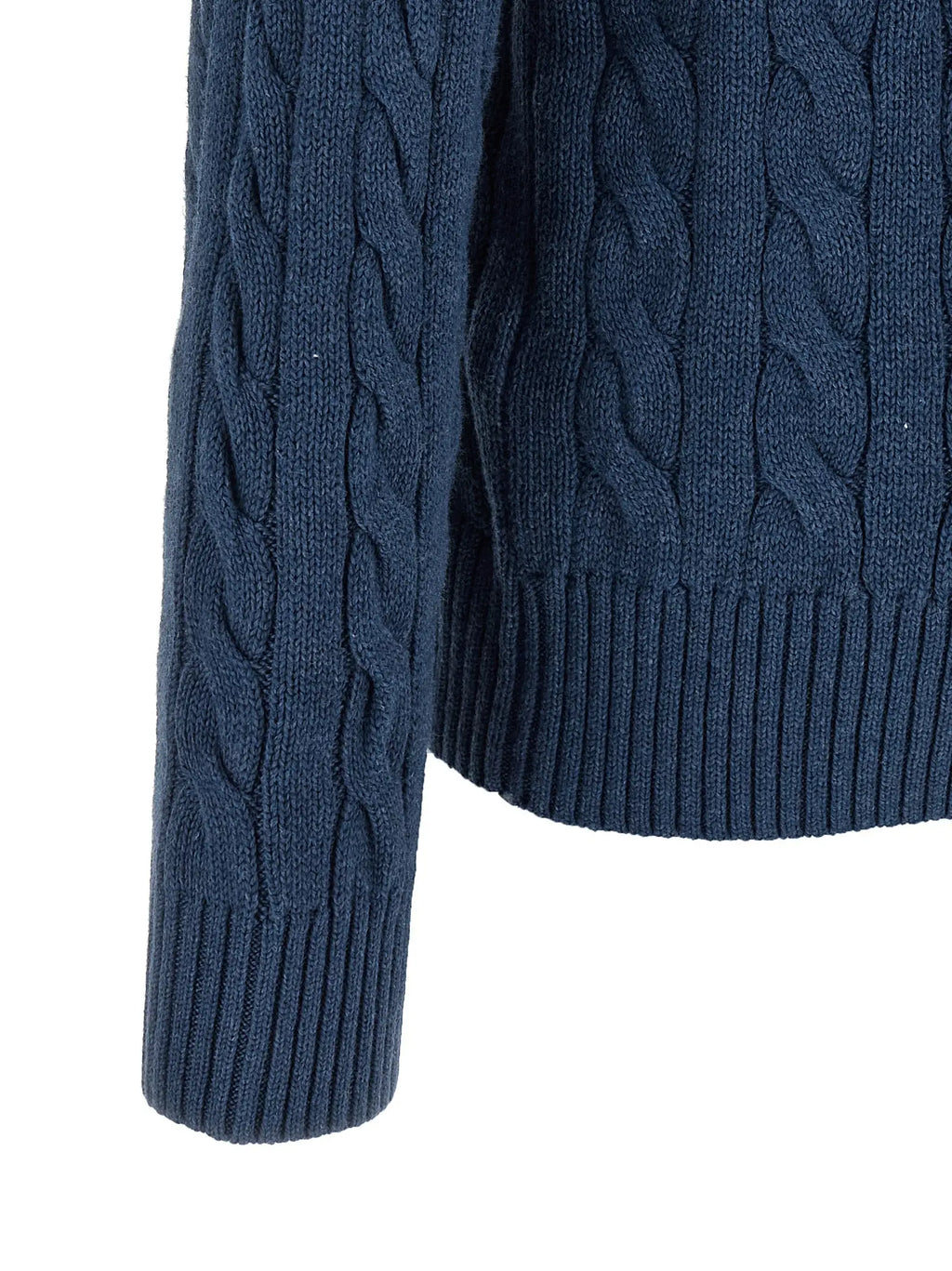 Manche de cardigan bleu marine en coton polo ralph lauren à maille torsadée avec poignets et ourlet côtelés