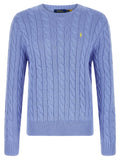 Cardigan polo ralph lauren bleu en coton avec logo jaune brodé et étiquette assortie au col en maille torsadée