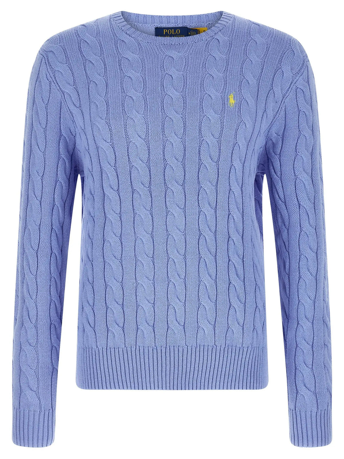 Cardigan polo ralph lauren bleu en coton avec logo jaune brodé et étiquette assortie au col en maille torsadée