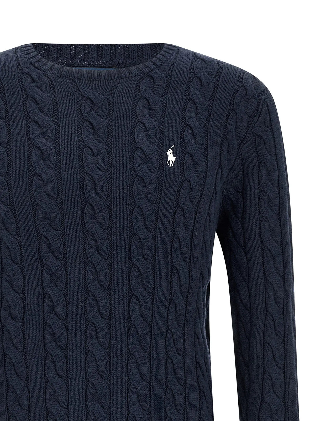 Cardigan bleu en coton polo ralph lauren avec logo joueur de polo brodé blanc et motif torsadé marine