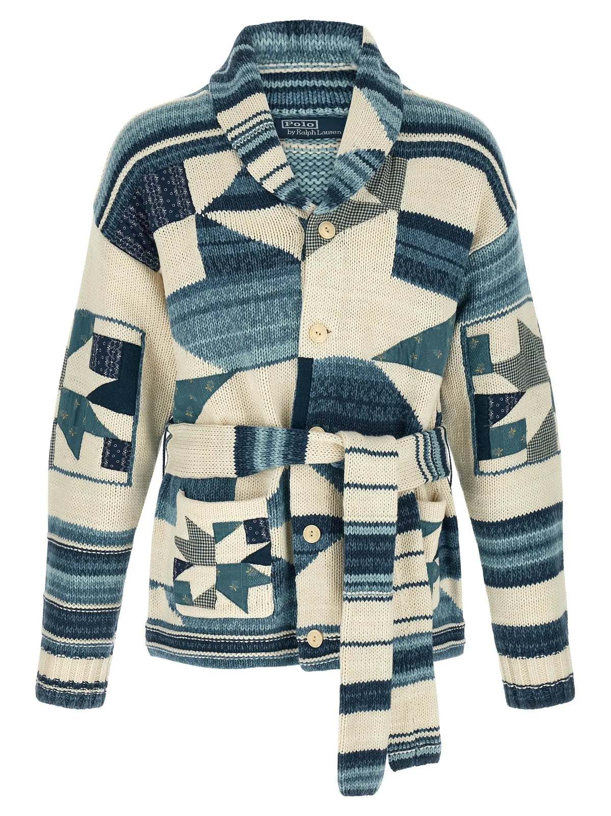 Gilet en coton bleu et crème à motif géométrique avec ceinture polo ralph lauren