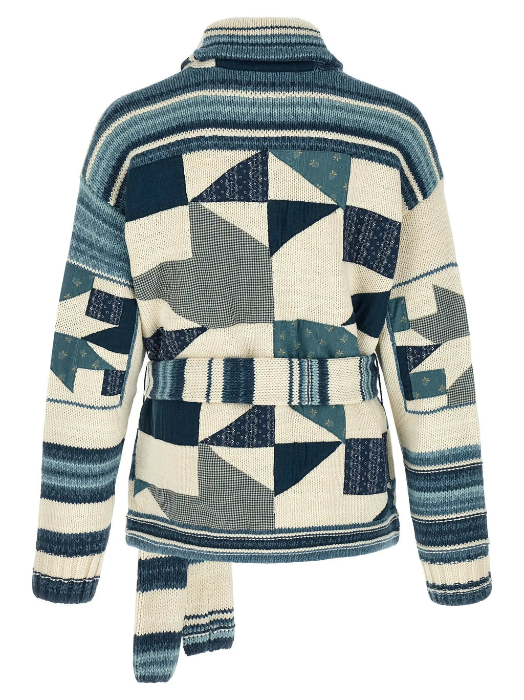 Cardigan en coton polo ralph lauren bleu avec motif patchwork géométrique tricoté et accents rayés au col manches et ourlet