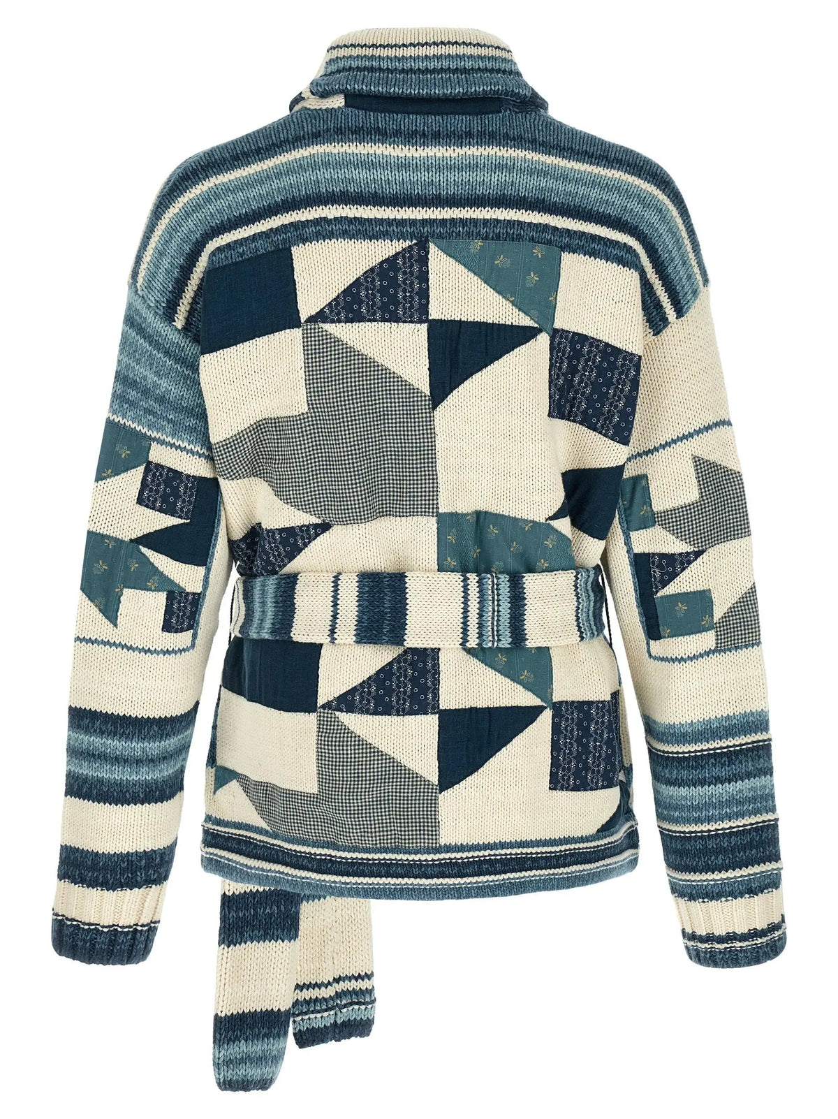 Cardigan en coton polo ralph lauren bleu avec motif patchwork géométrique tricoté et accents rayés au col manches et ourlet