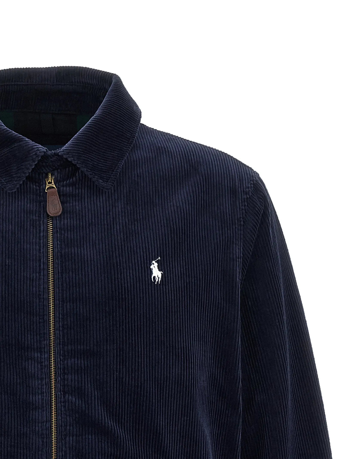Veste zippée en velours côtelé bleu marine polo ralph lauren avec logo joueur de polo brodé blanc sur la poitrine