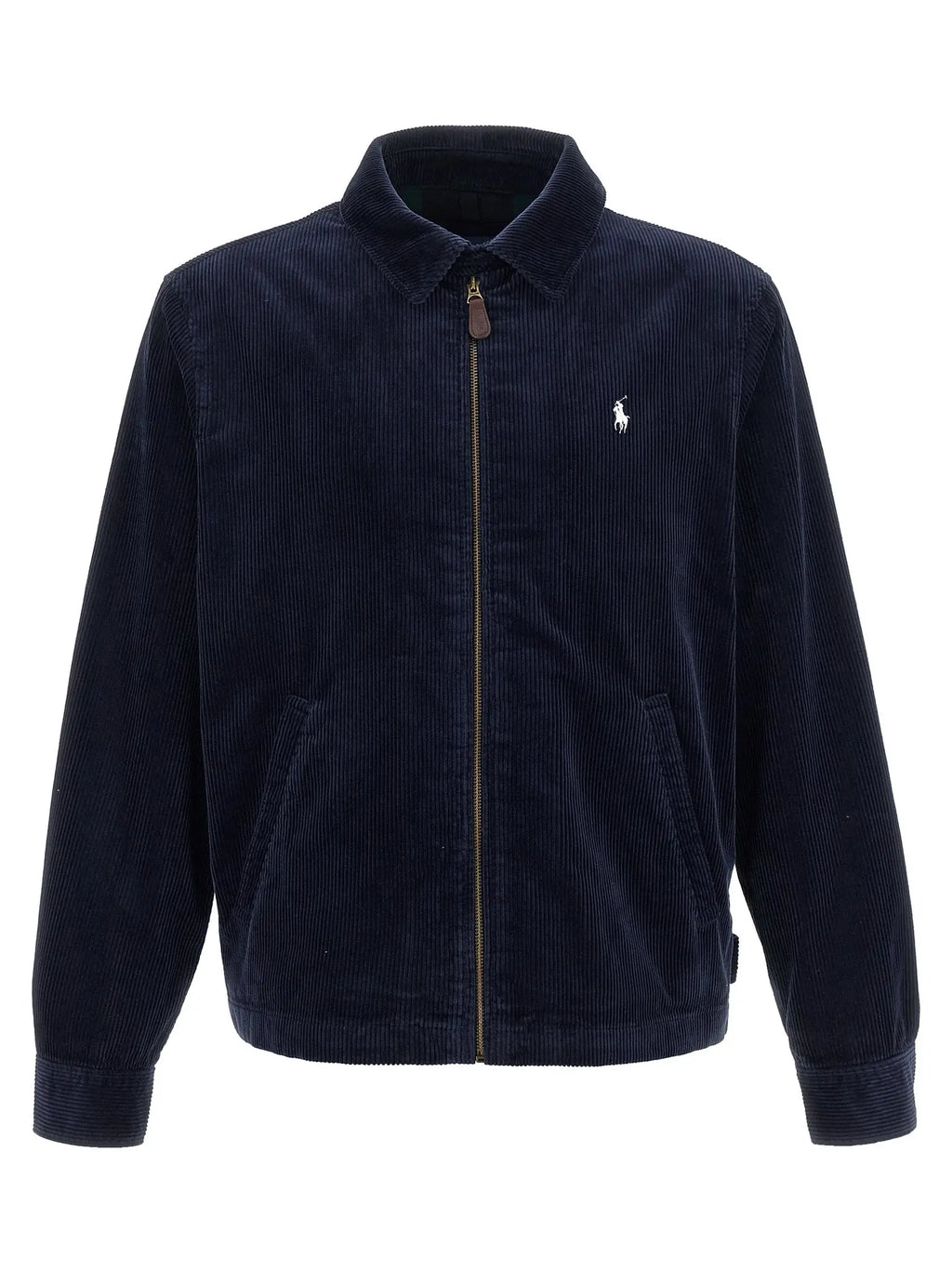 Veste zippée en velours côtelé bleu marine polo ralph lauren avec col classique et logo blanc brodé sur la poitrine