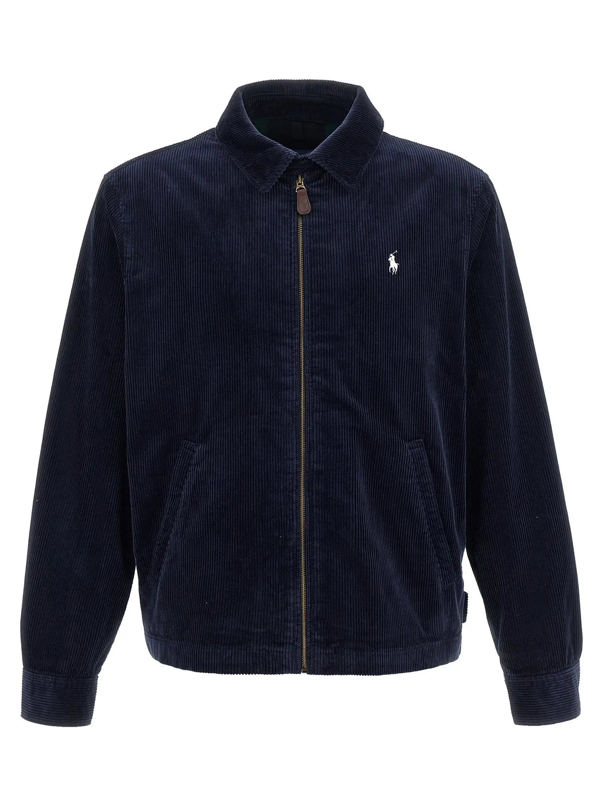 Veste zippée en velours côtelé bleu marine polo ralph lauren avec col classique et logo blanc brodé sur la poitrine