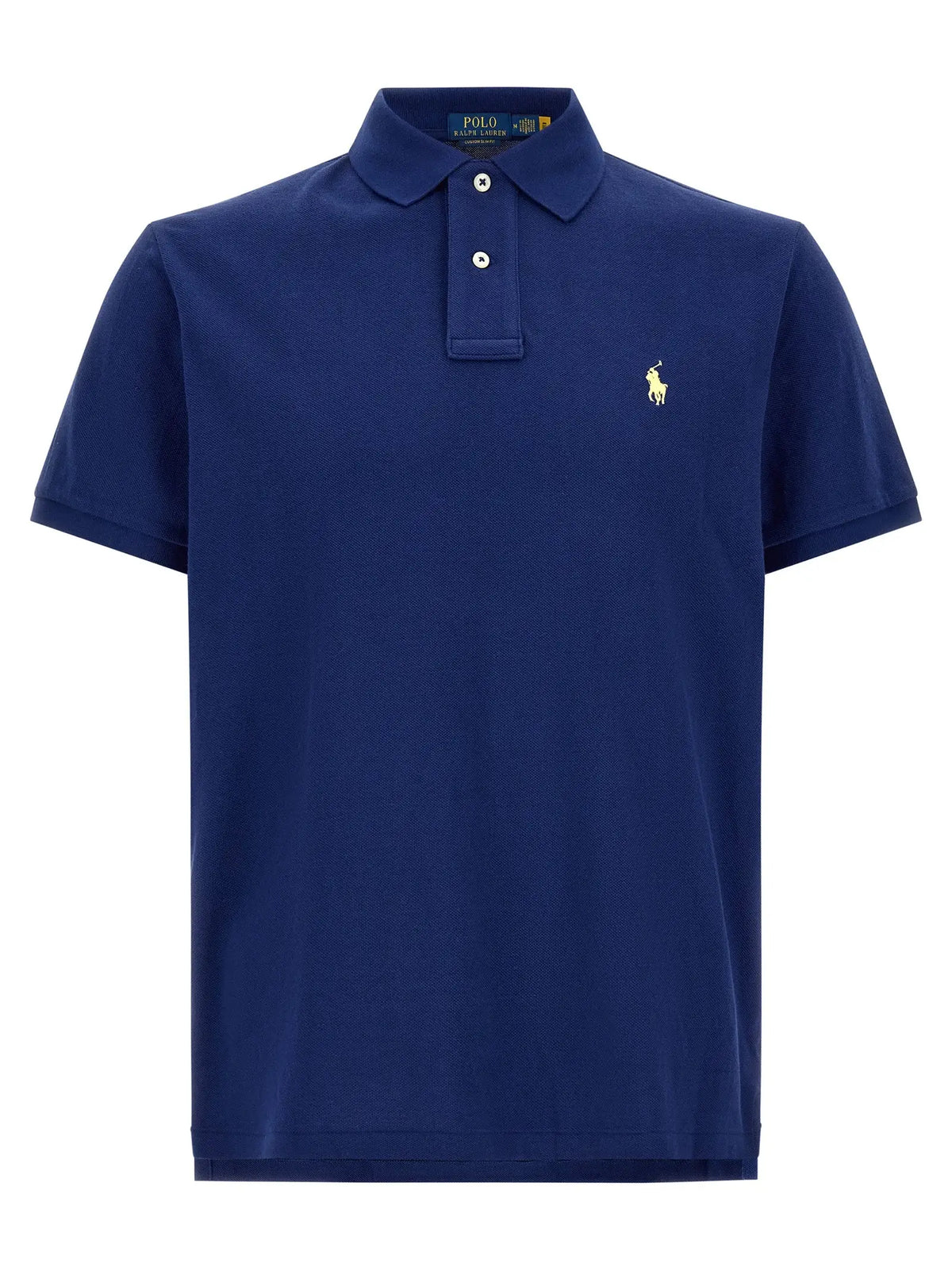 Polo ralph lauren bleu en coton avec logo doré brodé et boutons blancs sur le devant