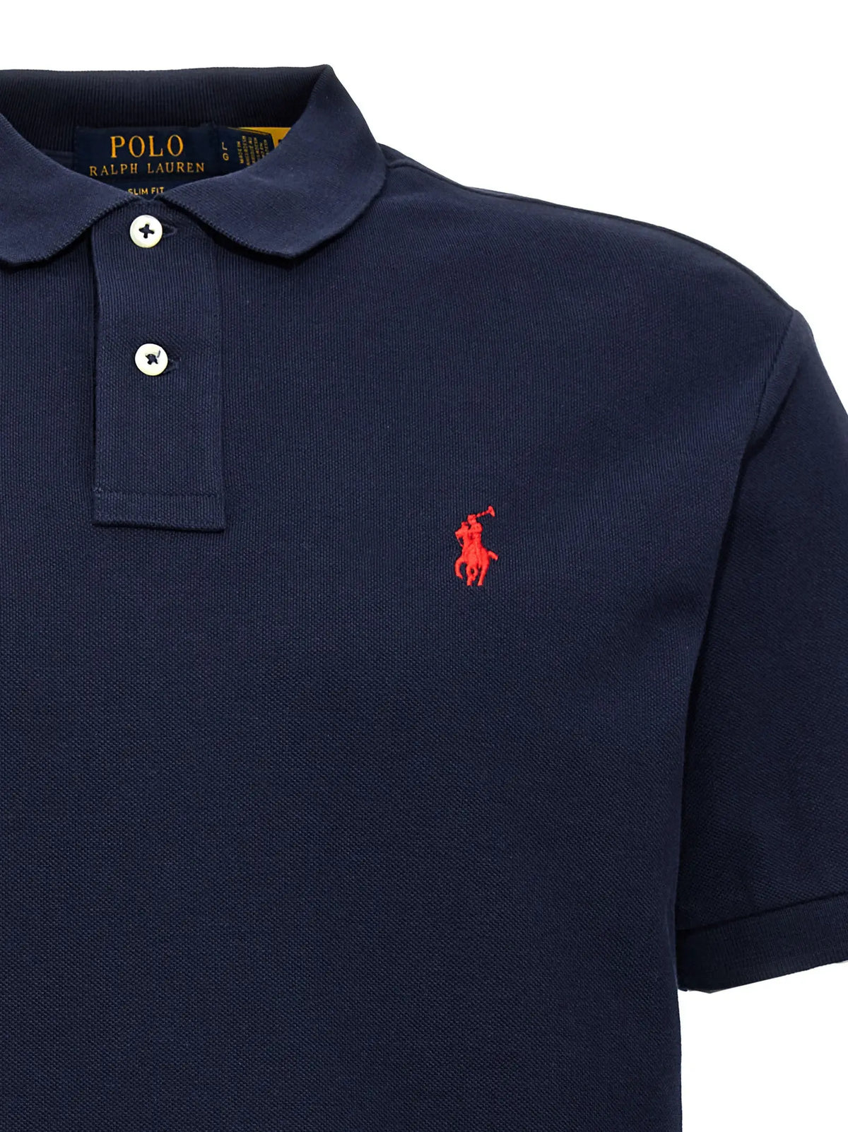 Navy blue polo ralph lauren shirt in cotton with red embroidered horse logo and white buttons on the chest