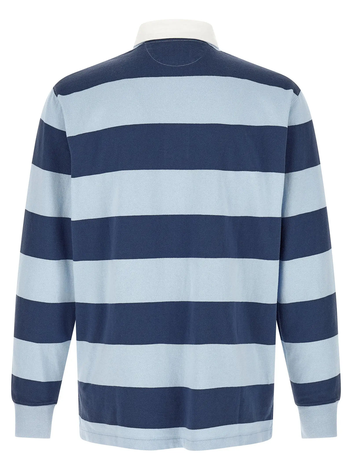 Chemise polo coton polo ralph lauren bleu avec rayures horizontales bleu marine et bleu clair et col blanc