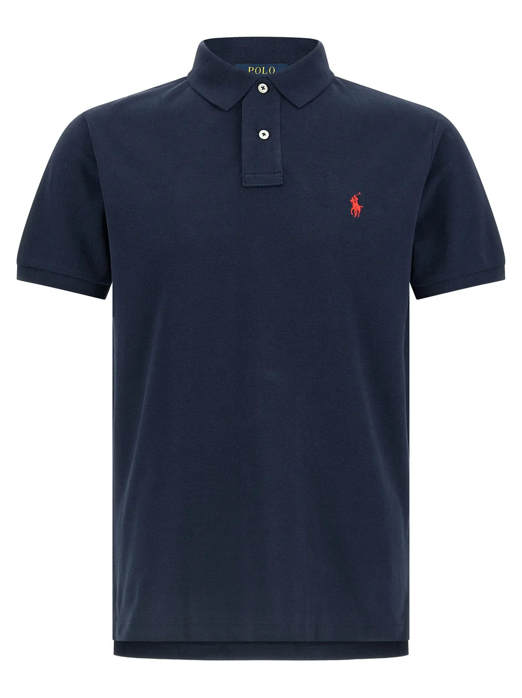 Polo ralph lauren bleu en coton avec logo cheval rouge brodé et boutons blancs sur la poitrine gauche
