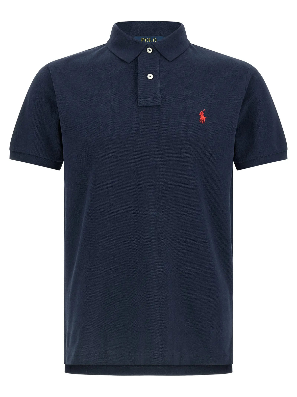 Polo ralph lauren bleu en coton avec logo cheval rouge brodé et boutons blancs sur la poitrine gauche