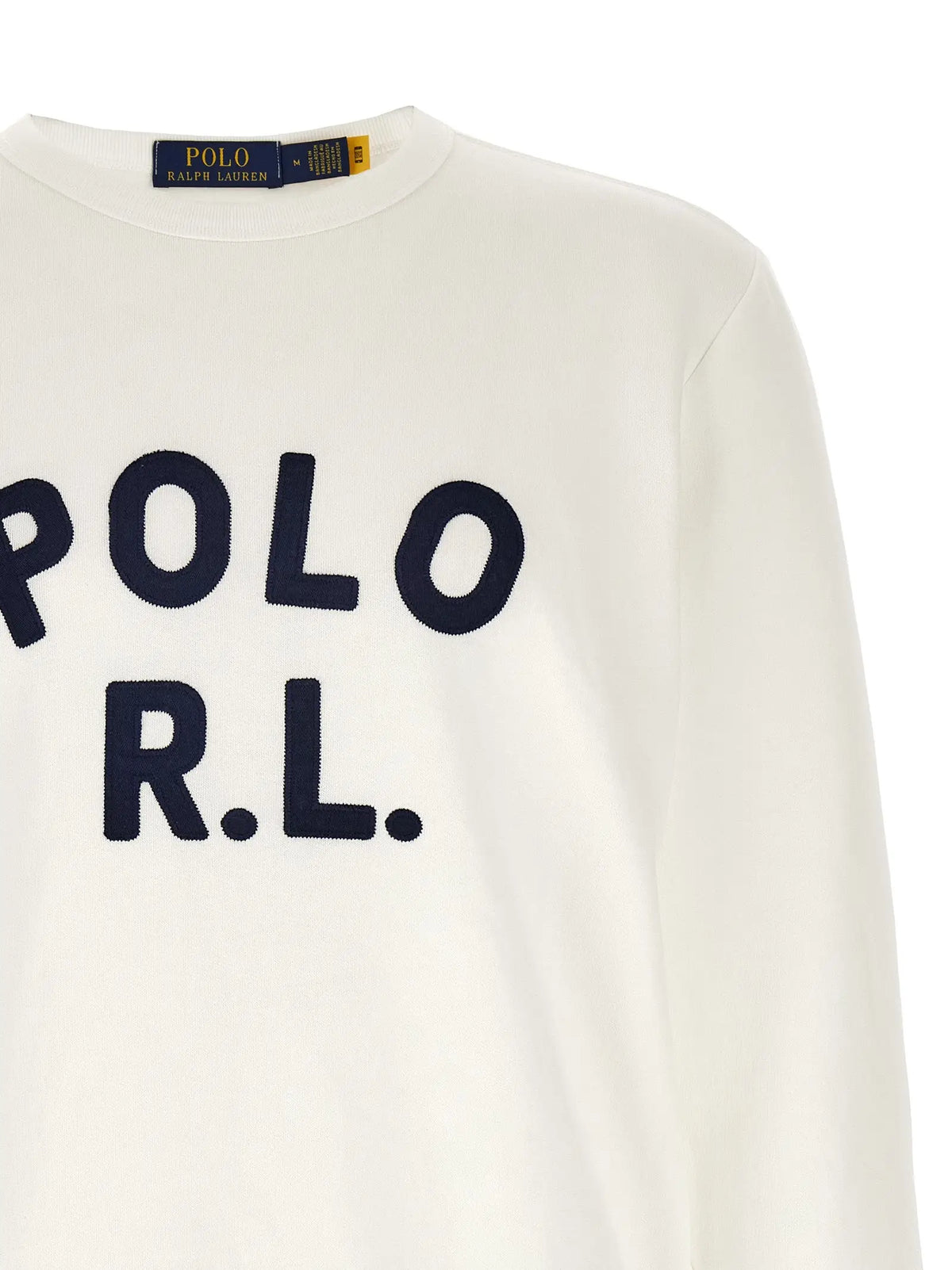 Pull polo ralph lauren en coton bleu crème avec manches longues et logo polo rl bleu marine sur la poitrine