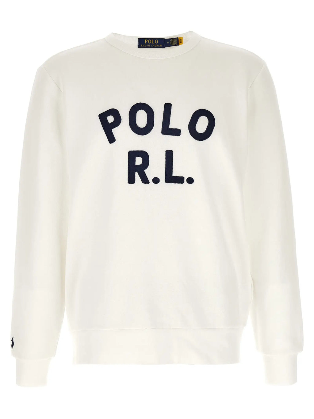 Sweatshirt en coton crème polo ralph lauren avec lettrage bleu marine polo rl et logo joueur de polo brodé sur la manche gauche