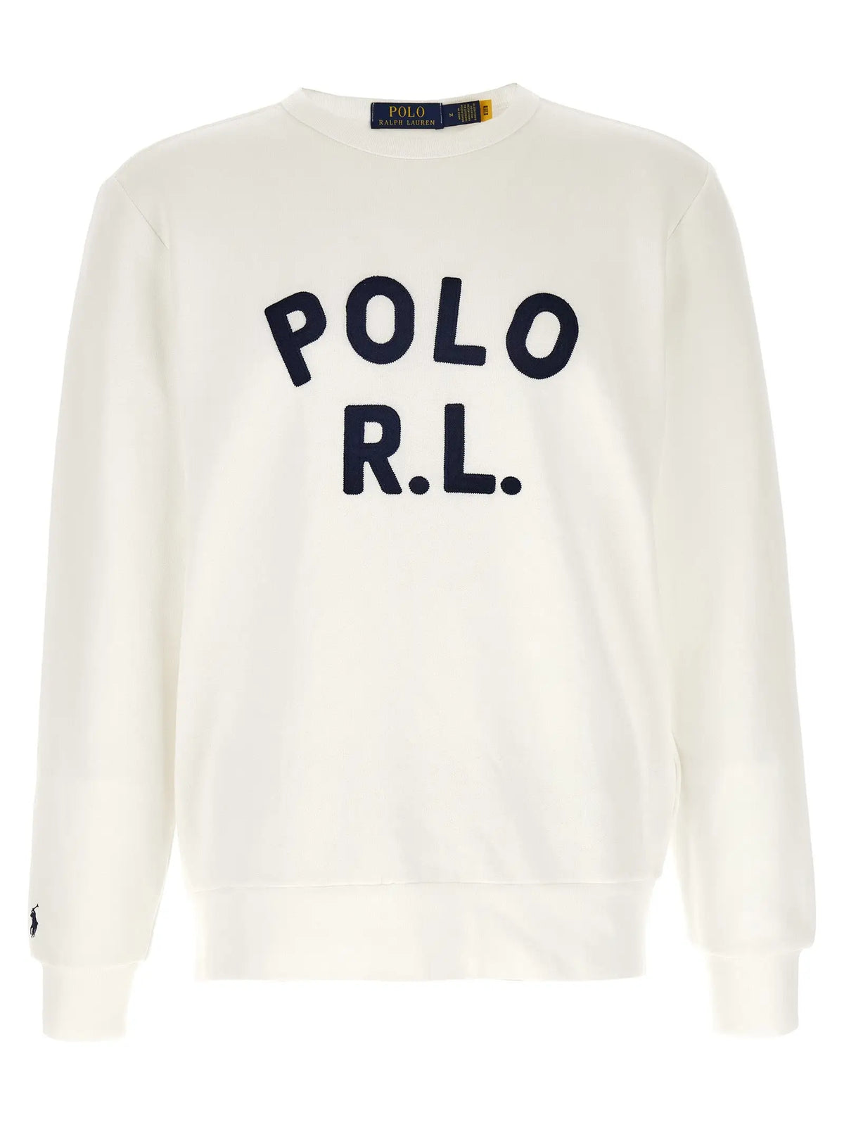 Sweatshirt en coton crème polo ralph lauren avec lettrage bleu marine polo rl et logo joueur de polo brodé sur la manche gauche