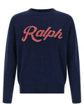 Cardigan en lin bleu ralph lauren avec logo brodé rose ralph sur le devant