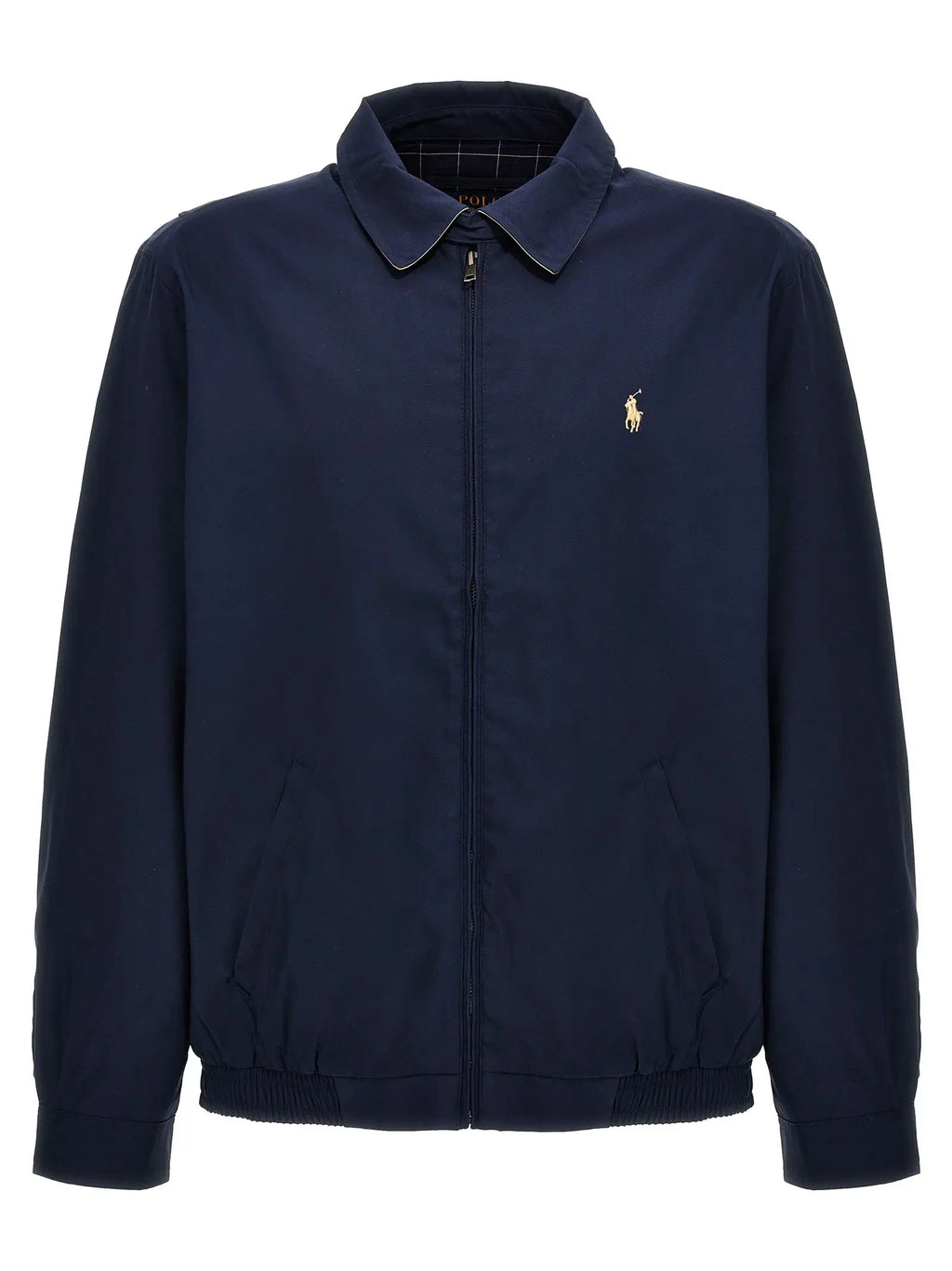 Veste bomber polo ralph lauren bleue en polyester avec logo joueur de polo doré brodé et col intérieur à carreaux