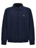 Veste bomber polo ralph lauren bleue en polyester avec logo joueur de polo doré brodé et col intérieur à carreaux