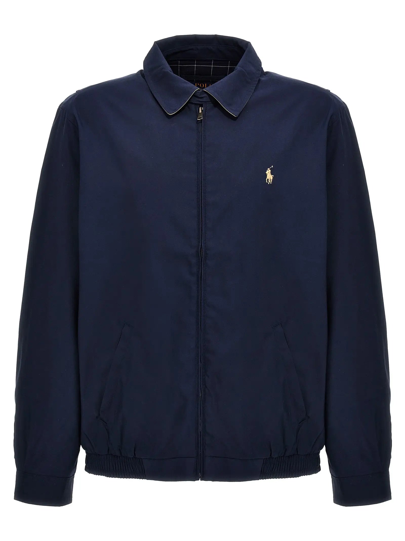 Veste bomber polo ralph lauren bleue en polyester avec logo joueur de polo doré brodé et col intérieur à carreaux