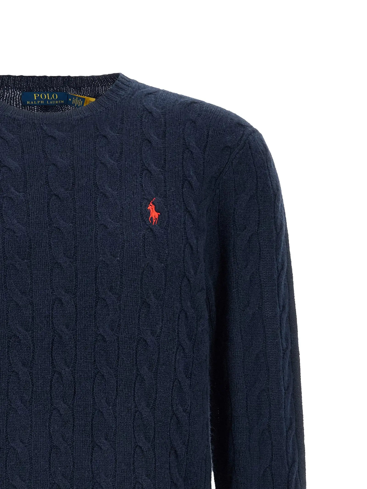 Cardigan en laine bleu marine polo ralph lauren avec motif polo orange brodé sur la poitrine